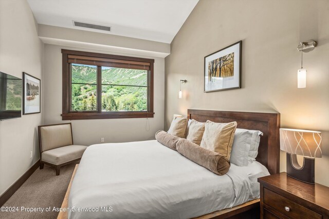 carpeted bedroom featuring lofted ceiling