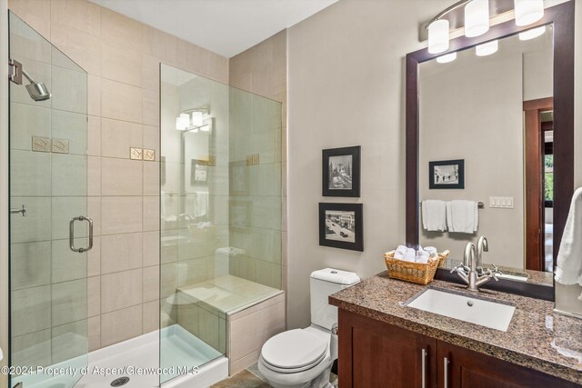 bathroom featuring a shower with door, vanity, and toilet