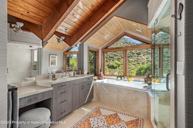 477 Aspen Oak Dr, Aspen, CO 81611 - full bathroom with vanity, a garden tub, wood ceiling, tile patterned flooring, and a shower with door