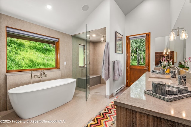 477 Aspen Oak Dr, Aspen, CO 81611 - full bathroom featuring healthy amount of natural light, a soaking tub, a baseboard heating unit, vanity, and high vaulted ceiling