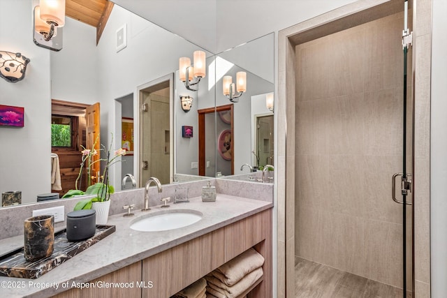 477 Aspen Oak Dr, Aspen, CO 81611 - bathroom featuring vanity, a shower stall, and high vaulted ceiling