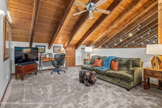 477 Aspen Oak Dr, Aspen, CO 81611 - carpeted living room featuring wood ceiling, a desk, and ceiling fan