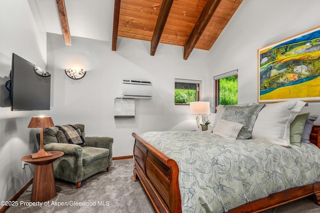 477 Aspen Oak Dr, Aspen, CO 81611 - carpeted bedroom featuring a wall mounted AC, a wood ceiling with exposed beams, and high vaulted ceiling