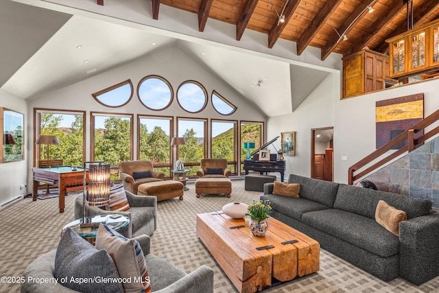 477 Aspen Oak Dr, Aspen, CO 81611 - living room with carpet flooring, high vaulted ceiling, pool table, and a wooden ceiling with exposed beams