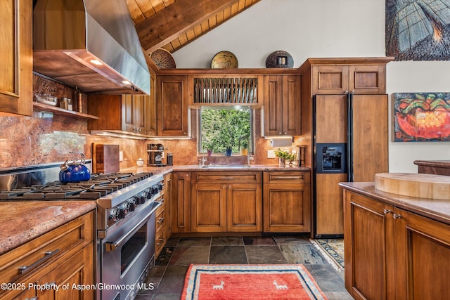 477 Aspen Oak Dr, Aspen, CO 81611 - kitchen featuring premium appliances, wall chimney exhaust hood, backsplash, wood ceiling, and brown cabinetry
