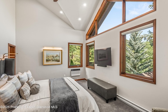 477 Aspen Oak Dr, Aspen, CO 81611 - carpeted bedroom featuring high vaulted ceiling, a baseboard radiator, an AC wall unit, multiple windows, and recessed lighting