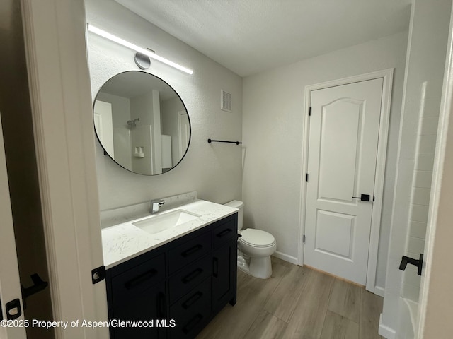 3102 Elk Ln, Basalt, CO 81621 - bathroom with vanity, toilet, a textured ceiling, wood finished floors, and visible vents