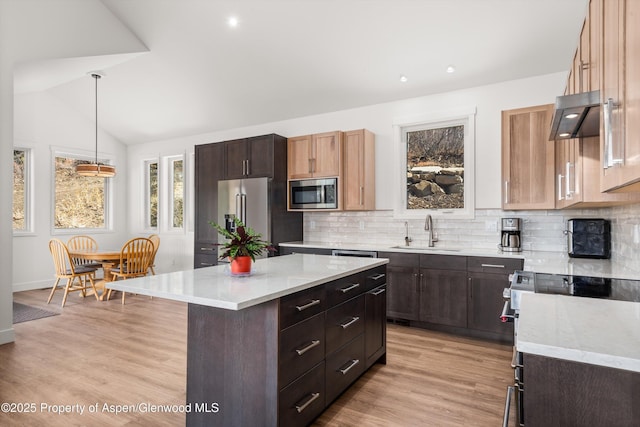 787 Serpentine Trl, Marble, CO 81623 - kitchen featuring stainless steel appliances, backsplash, a kitchen island, hanging light fixtures, and lofted ceiling