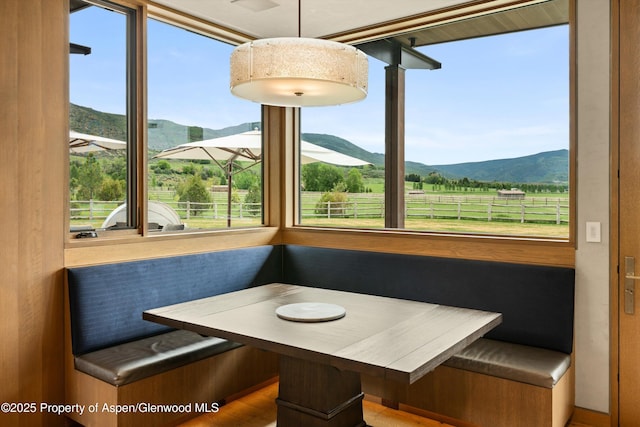 425 Aspen Valley Ranch Rd, Woody Creek, CO 81656 - dining space with a mountain view, breakfast area, and wood finished floors