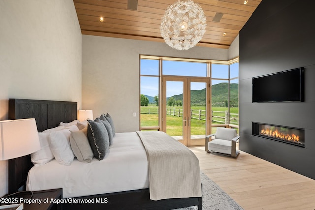 425 Aspen Valley Ranch Rd, Woody Creek, CO 81656 - bedroom with wooden ceiling, wood finished floors, a glass covered fireplace, french doors, and recessed lighting