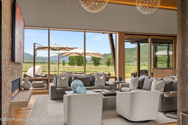 425 Aspen Valley Ranch Rd, Woody Creek, CO 81656 - living area with a mountain view, expansive windows, light wood-type flooring, healthy amount of natural light, and a fireplace