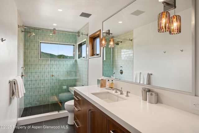 425 Aspen Valley Ranch Rd, Woody Creek, CO 81656 - full bath featuring toilet, vanity, a shower stall, tile patterned flooring, and recessed lighting
