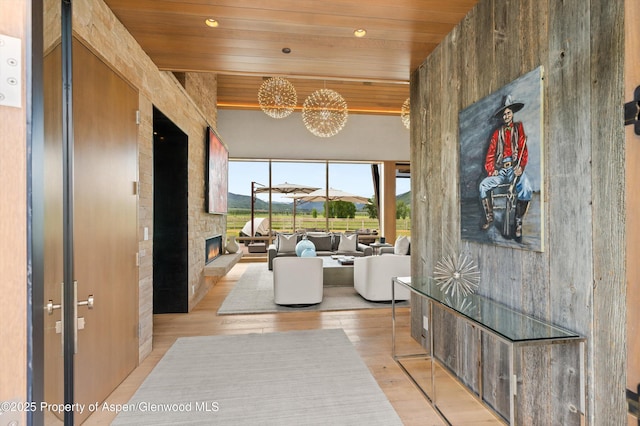 425 Aspen Valley Ranch Rd, Woody Creek, CO 81656 - corridor featuring wooden ceiling, wood finished floors, a chandelier, and recessed lighting
