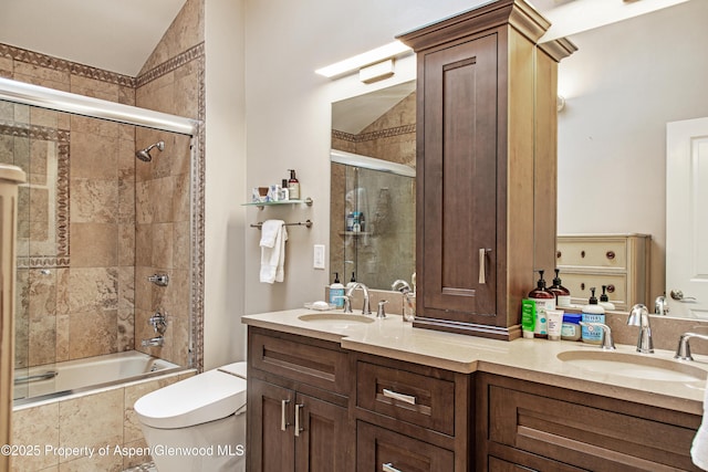 52 Harleston Grn Unit 38, Snowmass Village, CO 81615 - full bath with tiled shower / bath combo, double vanity, and lofted ceiling