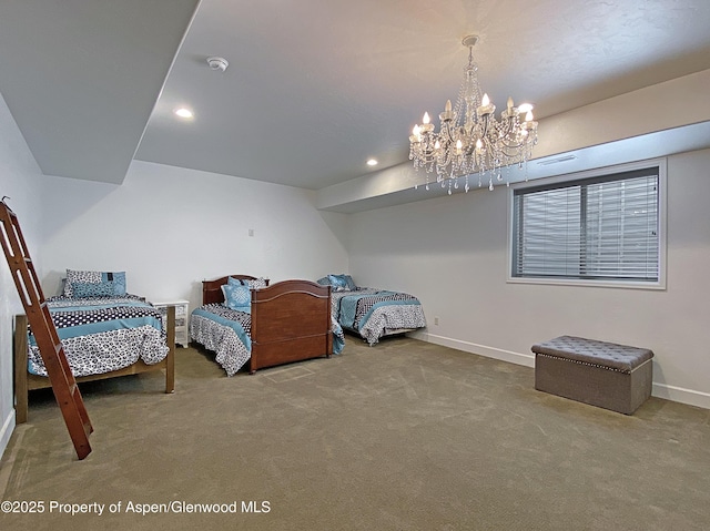 bedroom with carpet floors, baseboards, a chandelier, and recessed lighting