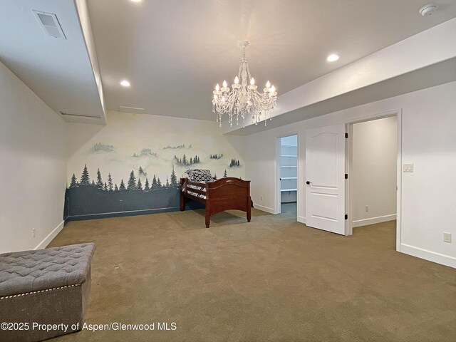 bedroom with carpet floors, baseboards, recessed lighting, a chandelier, and a spacious closet