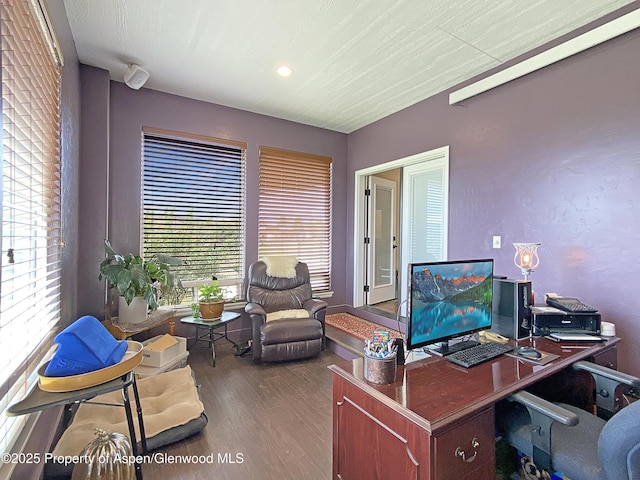 home office featuring wood finished floors and recessed lighting