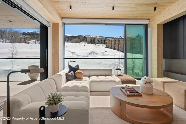 living area with wood ceiling