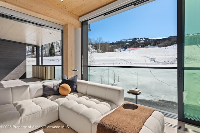 interior space with a mountain view and wood ceiling