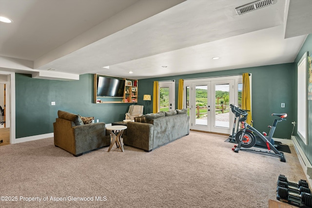 248 Basalt Mountain Dr, Carbondale, CO 81623 - living area featuring carpet flooring, french doors, and recessed lighting