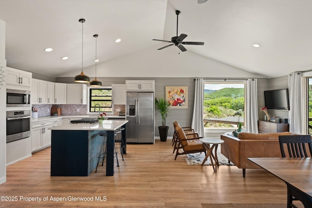 248 Basalt Mountain Dr, Carbondale, CO 81623 - kitchen featuring stainless steel appliances, healthy amount of natural light, vaulted ceiling, a center island, and light countertops
