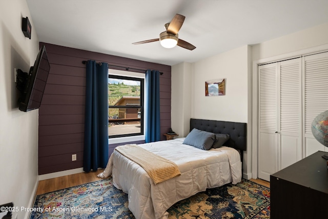 248 Basalt Mountain Dr, Carbondale, CO 81623 - bedroom featuring wood finished floors, a closet, and ceiling fan