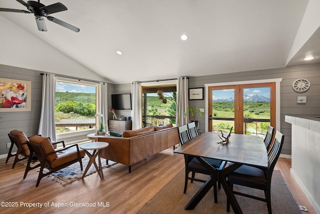 248 Basalt Mountain Dr, Carbondale, CO 81623 - dining area with lofted ceiling, light wood-type flooring, french doors, recessed lighting, and ceiling fan