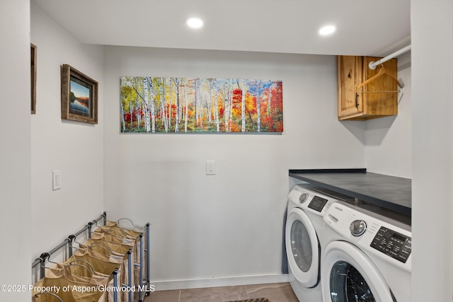 248 Basalt Mountain Dr, Carbondale, CO 81623 - laundry room featuring washer and dryer, cabinet space, tile patterned floors, and recessed lighting