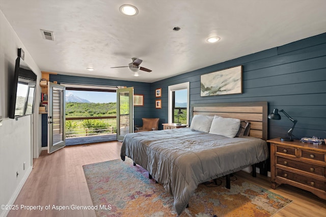 248 Basalt Mountain Dr, Carbondale, CO 81623 - bedroom featuring access to exterior, wood finished floors, recessed lighting, and ceiling fan
