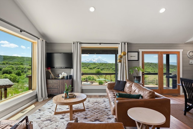 248 Basalt Mountain Dr, Carbondale, CO 81623 - living area with lofted ceiling, plenty of natural light, wood finished floors, french doors, and recessed lighting