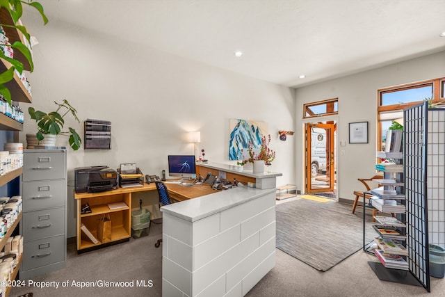 office area with recessed lighting and carpet floors