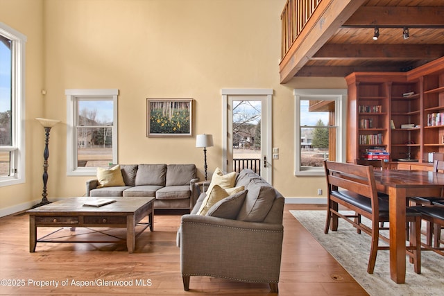 living area with baseboards, wood finished floors, wood ceiling, and track lighting