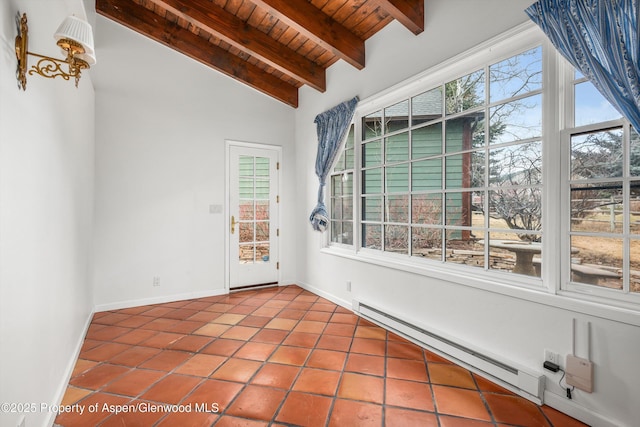 unfurnished sunroom with lofted ceiling with beams, wood ceiling, and baseboard heating