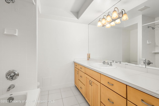 bathroom featuring bathtub / shower combination, visible vents, toilet, vanity, and tile patterned floors