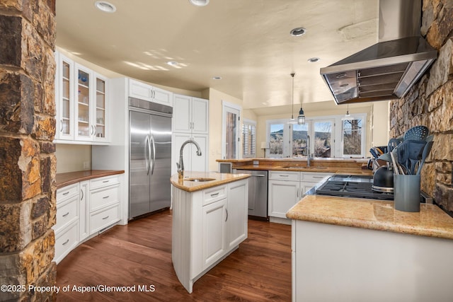 kitchen with stainless steel appliances, dark wood finished floors, a sink, and wall chimney range hood