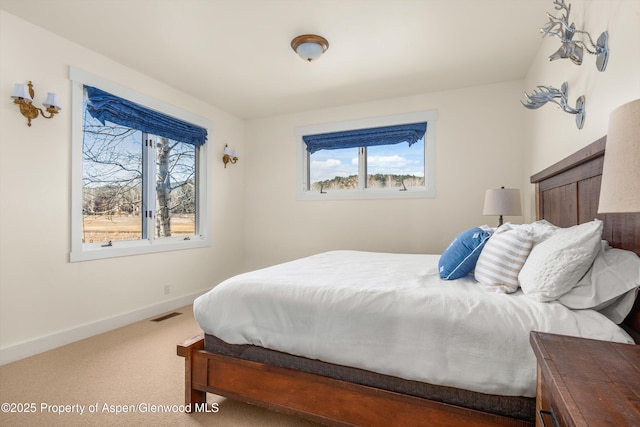 bedroom with carpet, visible vents, and baseboards