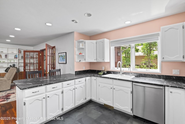 309 Deer Run, Carbondale, CO 81623 - kitchen with dishwasher, a peninsula, white cabinets, and recessed lighting