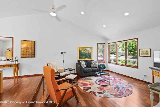 309 Deer Run, Carbondale, CO 81623 - living area with high vaulted ceiling, a ceiling fan, wood finished floors, and recessed lighting