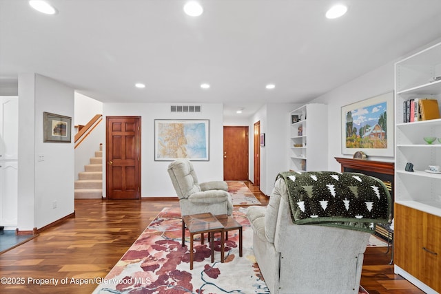 309 Deer Run, Carbondale, CO 81623 - living area featuring stairs, wood finished floors, and recessed lighting