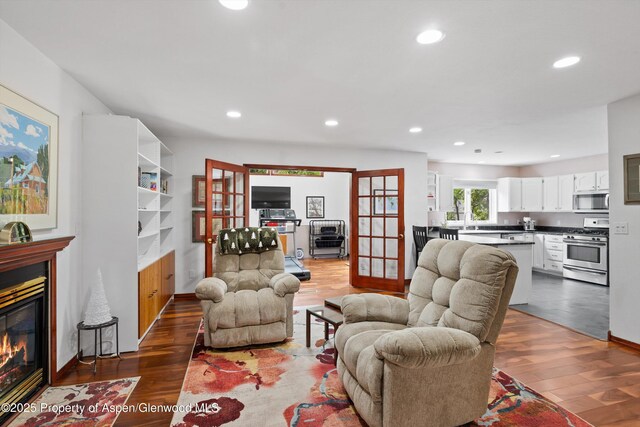 309 Deer Run, Carbondale, CO 81623 - living room with a glass covered fireplace, dark wood finished floors, recessed lighting, and french doors