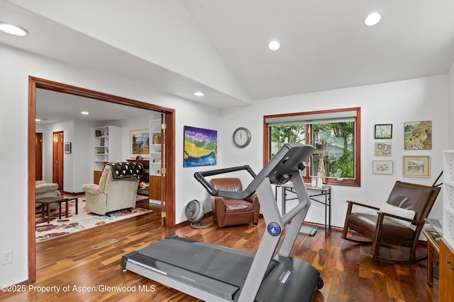 309 Deer Run, Carbondale, CO 81623 - workout room with wood finished floors, recessed lighting, and lofted ceiling