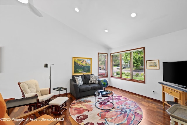 309 Deer Run, Carbondale, CO 81623 - living room featuring lofted ceiling, recessed lighting, and wood finished floors
