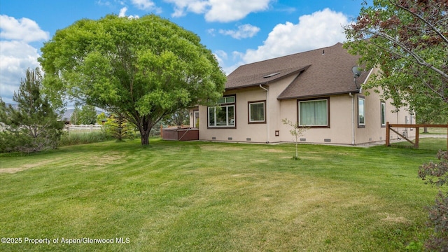 83 Native Springs Dr, Rifle, CO 81650 - back of property featuring a hot tub, stucco siding, roof with shingles, and crawl space