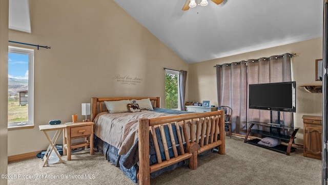 83 Native Springs Dr, Rifle, CO 81650 - bedroom with high vaulted ceiling, carpet, and ceiling fan
