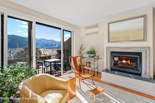 living area featuring a mountain view, wood-type flooring, and a fireplace