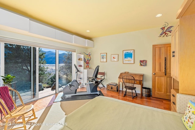 exercise room featuring light wood-type flooring