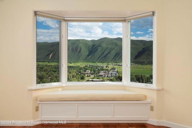 interior space with a mountain view, a wealth of natural light, and dark wood-type flooring