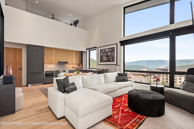 living room featuring a mountain view, a towering ceiling, and light wood-type flooring