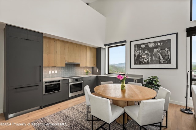 kitchen featuring backsplash, oven, and light wood-type flooring