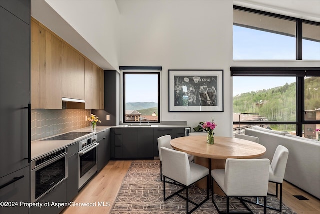 kitchen featuring gray cabinets, plenty of natural light, stainless steel oven, and backsplash